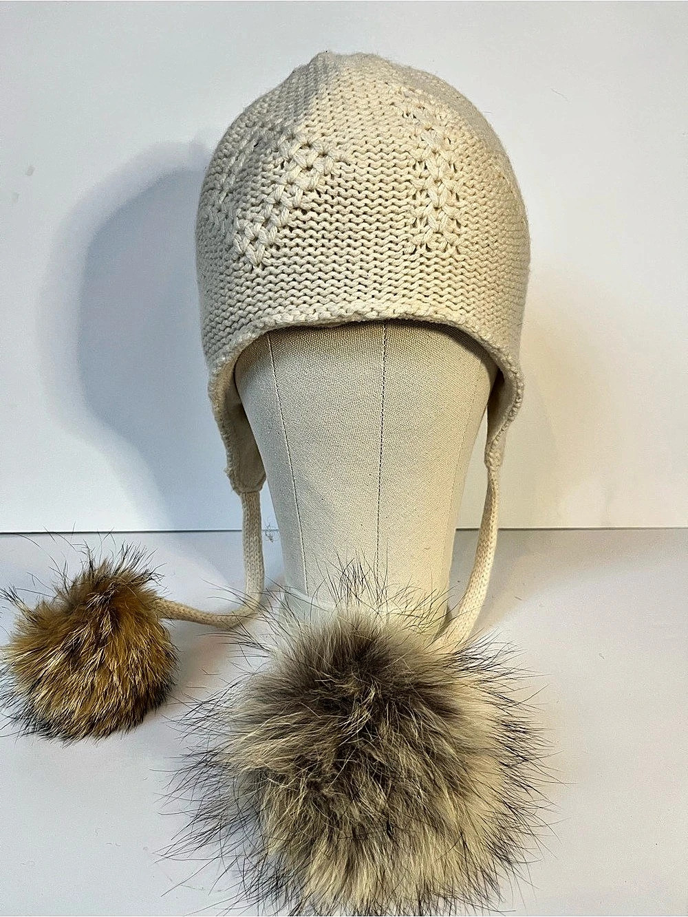 Cream Knit Earflap Hat with Fur Pom-Poms